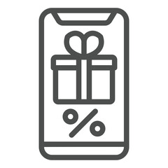 Poster - Smartphone with discount box line icon, shopping online concept. Vector graphics. Phone screen online shop sign on white background, outline style icon for mobile or web design.