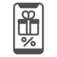 Poster - Smartphone with discount box solid icon, shopping online concept. Vector graphics. Phone screen online shop sign on white background, glyph style icon for mobile or web design.
