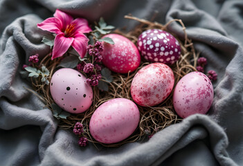 Wall Mural - Easter eggs elegance: luxury pink Easter eggs, colorful hand-painted, surrounded by decorative elements, adorned with pink details, resting on a soft gray tablecloth