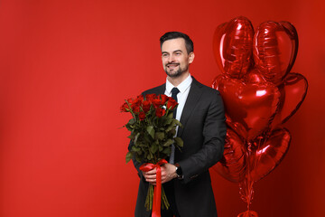 Sticker - Happy Valentine's Day. Handsome man with heart shaped balloons and bouquet of roses on red background. Space for text