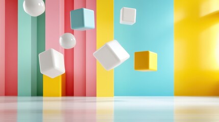 Poster - A vibrant scene displaying floating geometric shapes against colorful striped walls, evoking a sense of playfulness and modern artistic expression.