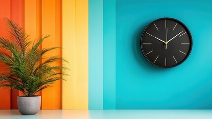 Poster - A vibrant composition featuring a wall adorned with stripes in warm colors, a stylish clock, and a lush plant, creating an energetic atmosphere.