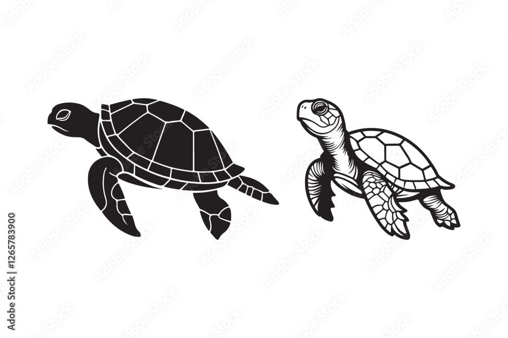 Sea Turtle Silhouette and Outline Clipart Set Stock Vector | Adobe Stock