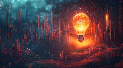 Poster - glowing lightbulb bursting into colorful digital streams with holographic graphs business innovation
