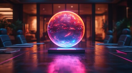 Poster - Glowing Suspended Sphere in a Modern Corporate Boardroom Strategizing for Innovative Success