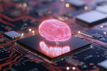 Fototapete - A computer chip with a brain on it. The brain is glowing pink. Concept of technology and the human brain