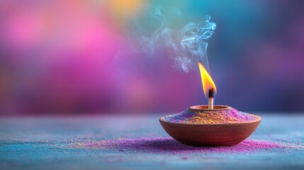 Colorful candle flame in festive holi celebration background