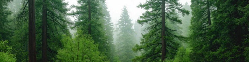 Wall Mural - A forest with trees and rain. The trees are green and the sky is cloudy