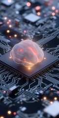 Fototapete - A computer chip with a brain on it. The brain is glowing and surrounded by a lot of other glowing lights
