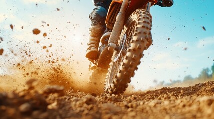 A thrilling capture of a dirt bike splashing mud while speeding through an off-road trail, showcasing the excitement and energy of extreme sports in nature.