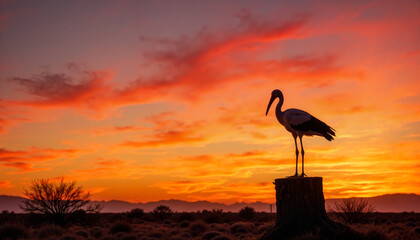 Crane silhouette at vivid sunset on tree stump, serene twilight