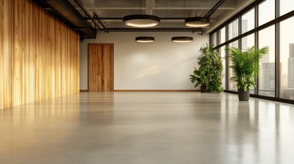 Aufkleber - This image showcases a chic modern office featuring elegant wooden walls, stylish plants, and ample natural light, emphasizing a perfect blend of functionality and aesthetics.