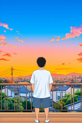 Wall Mural - A man looks at a horizon at sunset from a roof, with houses in the background