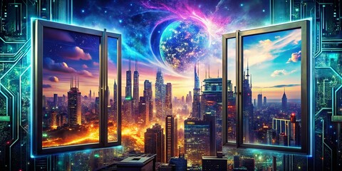 Aufkleber - Futuristic Cityscape Double Exposure: Three Abstract Frames - Stock Photo