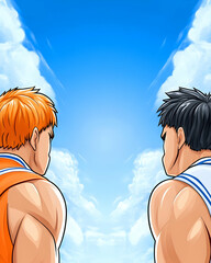 Wall Mural - Basketball players facing sky, rivalry, cartoon athletes, action in blue cloud background, competition