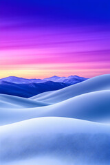 Wall Mural - Calm mountains at dusk, snow dunes glow in twilight. Serene backdrop for winter