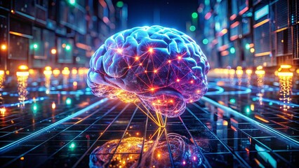 Poster - Futuristic Glowing Brain in Tech Grid - Urban Exploration Photography