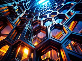 Wall Mural - Futuristic Hexagonal Silhouette: Black 3D Interlocking Geometric Pattern - Stock Photo