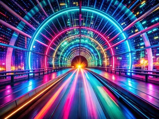 Poster - Futuristic Neon Tunnel: Vibrant Light Trails & Bokeh Effect Stock Photo