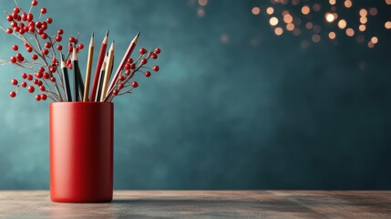 Poster - A striking red container filled with colorful pencils and adorned with decorative sprigs, creating an inviting and artistic ambiance in a charming setting.