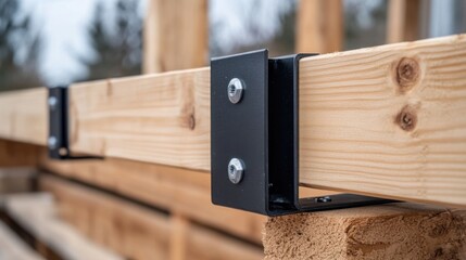 Wall Mural - Close-Up View of Wooden Beam Joinery with Metal Bracket and Fasteners on Construction Project