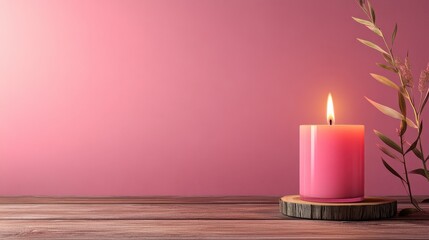 Poster - A contemporary pink candle exudes warmth, placed artfully on a wooden base and highlighted by soft, natural illumination, embodying simplicity and elegance.
