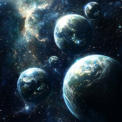 Wall Mural - Planets cluster against a backdrop of twinkling stars and a shimmering nebula.