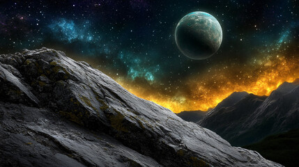 Wall Mural - Rocky mountain landscape under a starlit sky with a planet and golden nebulae.
