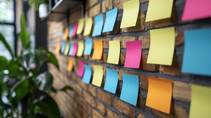 Poster - Colorful sticky notes on brick wall, office brainstorming