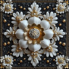 Poster - Minimalist Black Thai Pattern with Elegant Silver Floral Accents on White Background  Symbolizing Modern Elegance with Cultural Roots