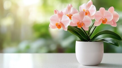 Poster - A beautiful arrangement of pink orchids in white pots creates a serene ambiance, showcasing nature's elegance and the charm of floral artistry in a bright setting.