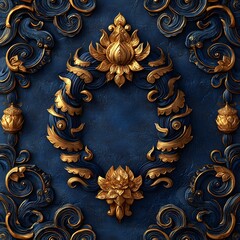 Poster - Luxurious Dark Blue Thai Pattern with Glowing Gold Kanok Swirls and Subtle Temple Outlines