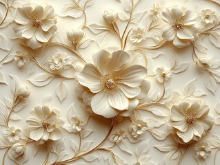 Poster - Soft Beige Thai Pattern with Delicate Golden Temple Details for Minimalistic Cultural Designs