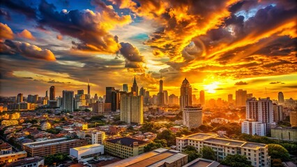 Wall Mural - Golden Hour Cityscape: Stunning Sunset Skyline Panorama