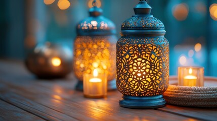 Poster - Illuminated lanterns on wooden table at night