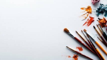 Aufkleber - An array of brushes and vibrant paint splatters on a clean white surface, showcasing the tools of creativity and the joy of artistic expression in the creative process.