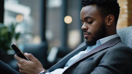 Canvas Print - A young man in a suit, deeply engrossed in his phone while waiting.