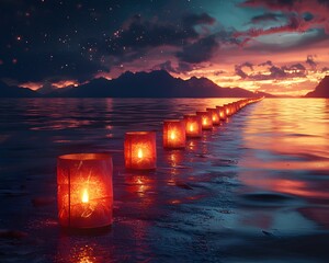 Poster - Glowing Lanterns on Tranquil Lake at Enchanting Sunset