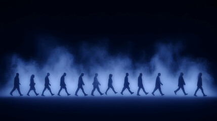 Silhouetted figures walking through smoke, representing an evolutionary journey