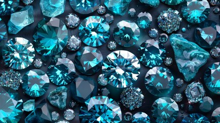 Poster - Collection of sparkling turquoise gemstones and crystals arranged on a dark surface showcasing their brilliance and color variations