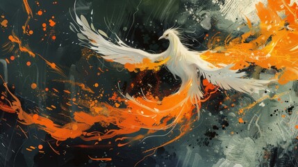 Poster - colorful phoenix soaring through a dramatic blaze amidst swirling flames and dark hues in an artisti