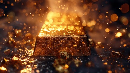 Poster - Gold bar surrounded by sparkling dust and light reflecting in a dark environment at night