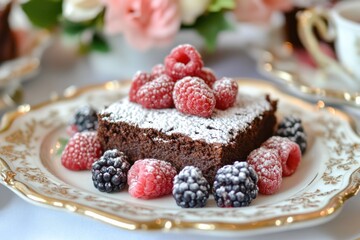 Poster - Delicious dessert featuring chocolate brownie topped with powdered sugar and fresh raspberries served on elegant china