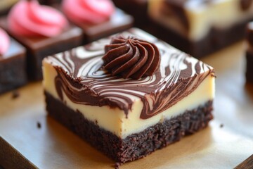 Poster - Assorted dessert squares featuring swirled chocolate and creamy layers on a wooden platter for a sweet treat occasion