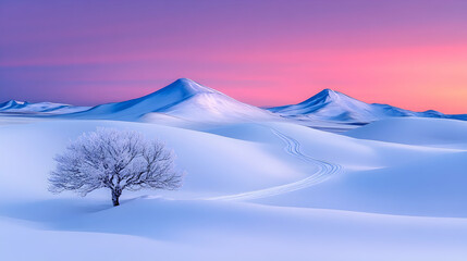Winter landscape lone tree stands amid snow dunes with mountains backdrop at dawn