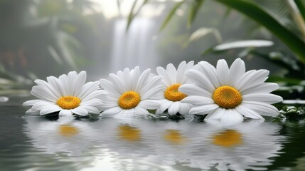 Wall Mural - Daisies float in water feature with misty tropical garden behind, for relaxation