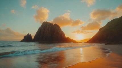 Canvas Print - Dramatic sunset over coastal rocks and beach