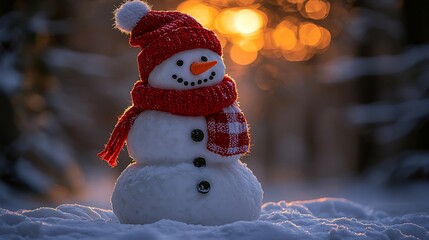 Poster - Festive snowman winter forest sunset holiday card