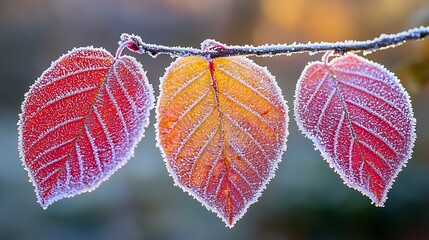 Poster - Frosty autumn leaves on branch, sunrise, garden, nature background, seasonal design