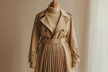 Poster - A classic beige trench coat displayed on a wooden mannequin with a pleated skirt and turtleneck sweater, studio shot with soft lighting and fabric.